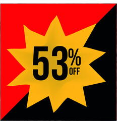 53% off limited special offer. Banner with fifty three percent discount on a yellow star shaped balloon with red and black background