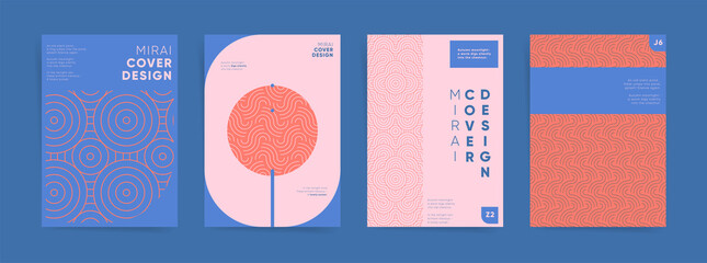 Geometric asian design template set. Japanese wavy graphic layouts bundle  for poster, brochure, book cover, flyer, catalog, notebook, vertical background. Decorative swiss ocean pattern collection.