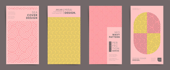 Geometric asian design vertical template set. Japanese wavy line art graphic layout for stories, brochure cover, post, flyer, leaflet, background. Decorative pink sakura elegant pattern backdrops © Takoyaki Shop