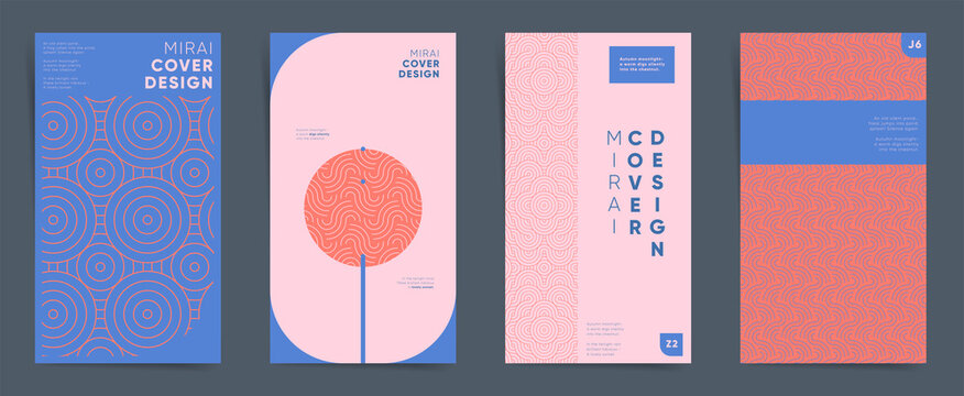 Geometric asian design vertical template set. Japanese swiss line art graphic layout for stories, brochure cover, post, flyer, leaflet, background. Decorative oriental floral pattern backdrops.