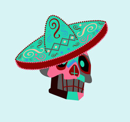 Mexican skull with sombrero, ornament details, colorful isolated on the blue background. Day of the dead.
