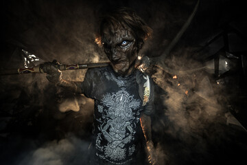 scary sorcerer in smoke. voodoo rite