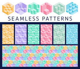 Set of 3d geometric seamless elements and patterns. Isometric optical illusion trendy backgrounds.