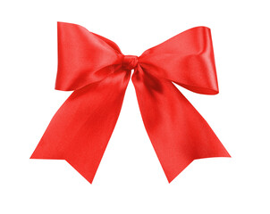 Beautiful red ribbon tied in bow isolated on white, top view