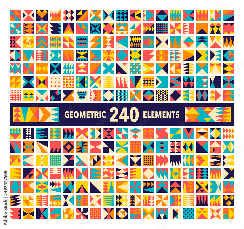 Wall mural set of 240 trendy abstract triangles shape geometric elements for backgrounds and seamless patterns.