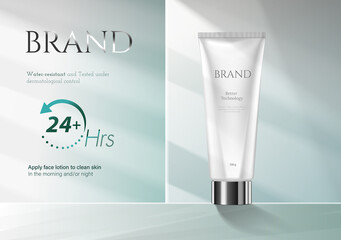 Cream cosmetic cream on a white stage with light purple background plant in 3d illustration. Beauty cream ads template.