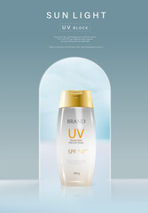 Cosmetic product and Skincare ad with simple geometric shapes studio display, concept of light texture sunscreen, 3d illustration