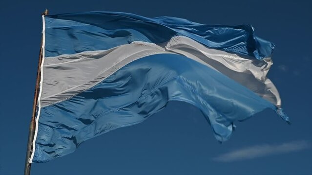 Argentine flag fluttering in slow motion in the wind with copy space