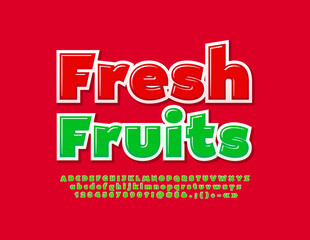 Vector advertising sign Fresh Fruits. Green Alphabet Letters, Numbers and Symbols set. Modern bright Font