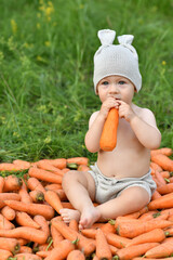 A little boy, one 1 year old, sits on a pile of carrots in nature and eats carrots near a forest in a clearing and holds carrots in his hands.