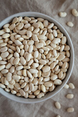 Raw Organic Dry White Beans in a Gray Bowl, top view. Flat lay, overhead, from above.