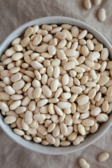 Raw Organic Dry White Beans in a Gray Bowl, top view. Flat lay, overhead, from above.