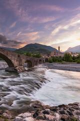 Bobbio and Bridge of Devil at sunset. Emilia Romagna, Italy