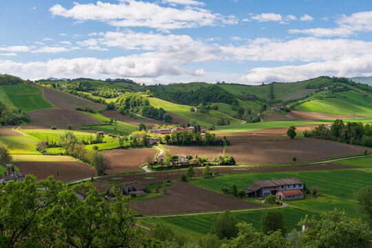 View of the cultivated Emilian hills, Italy.