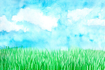Watercolor hand drawn sunny meadow with green grass and blue sky with clouds. Copy space, aquarelle...