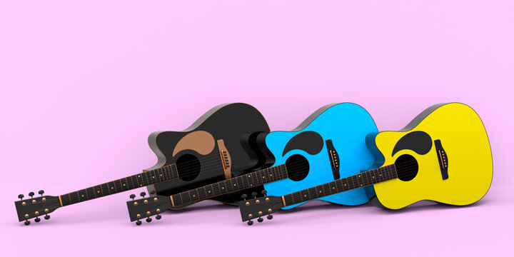 Set of electric acoustic guitar isolated on pink background. - Powered by Adobe