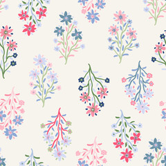 Fototapeta na wymiar Hand drawn flowers with leaves seamless repeat pattern. Vector botany plants all over print on white background.