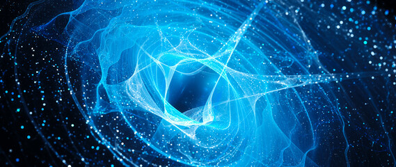 Blue glowing waves with particles in space widescreen abstract background