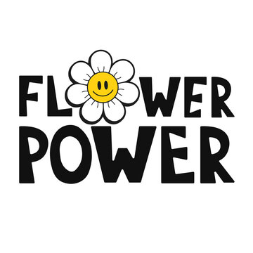 Smile emoji face in flower t-shirt print design.Flower power slogan.Vector hand drawn trendy cartoon logo illustration.Hippie smile face,60s,70s,groovy fashion print for t-shirt,poster concept