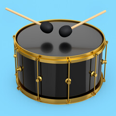 Realistic drum and wooden drum sticks on blue. 3d render of musical instrument
