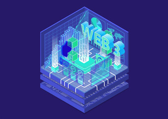 Web 3.0 isometric vector infographic. Dark design with glowing objects.