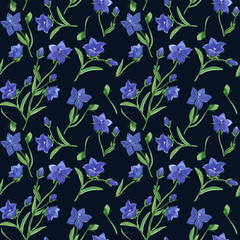 Seamless floral pattern with bluebell flower flowers. Purple field flowers bouquet in vintage style. Floral decoration