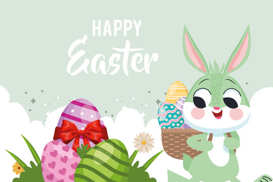 happy easter rabbit lifting eggs