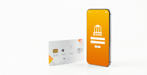 Mobile banking application. Mobile phone with internet online bank app. Credit card on white...