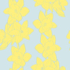 Seamless delicate pattern with spring line flowers. Bright spring  daffodils illustration. Blue yellow flowers.