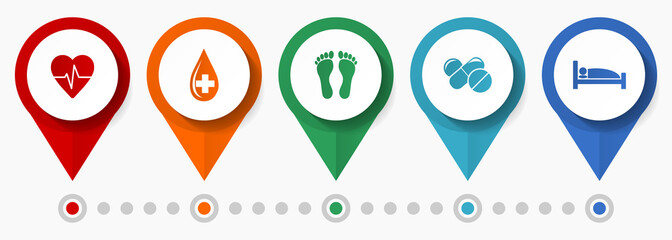 Medicine, health, hospital concept vector icon set, flat design pointers, infographic template