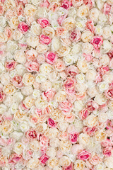Roses floral wall decoration vertical pattern and background. Pink and white flowers backdrop decor.