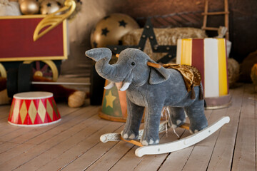 Plush elephant toy in circus decoration for kids birthday party