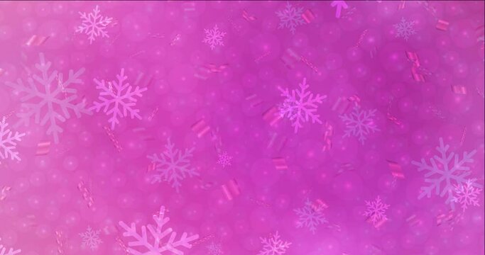 4K looping light pink flowing video in Xmas style. Quality abstract video with colorful Christmas symbols. Flicker for video designers. 4096 x 2160, 30 fps.