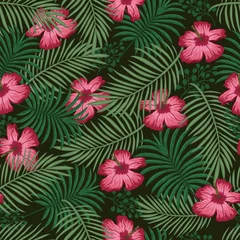 Selbstklebende Fototapeten Tropical floral colorful seamless pattern on a black background with beautiful flowers green palm leaves vector © nataliakarebina