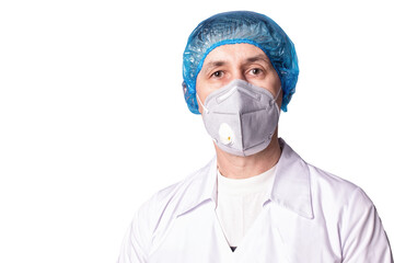 A doctor wearing medical respirator and uniform on white background, isolated. COVID-19 protection.