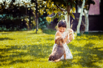 Happy kid having fun loving and embracing pets in backyard - 492434127
