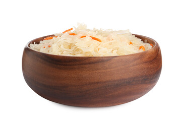 Wooden bowl of tasty fermented cabbage with carrot isolated on white