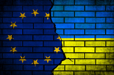 Europe and Ukraine flags background. European union and Ukraine, NATO. Conflict, protest and...