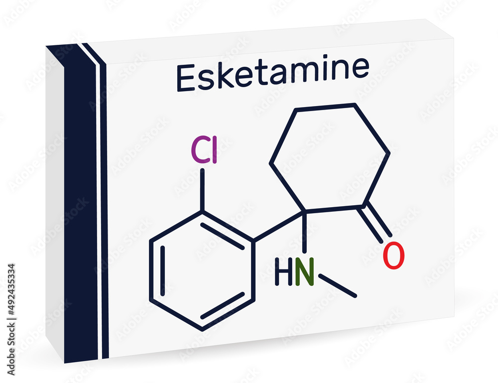 Sticker Esketamine molecule. It is the S-enantiomer of ketamine, with analgesic, anesthetic and antidepressant activities. Skeletal chemical formula. Paper packaging for drugs