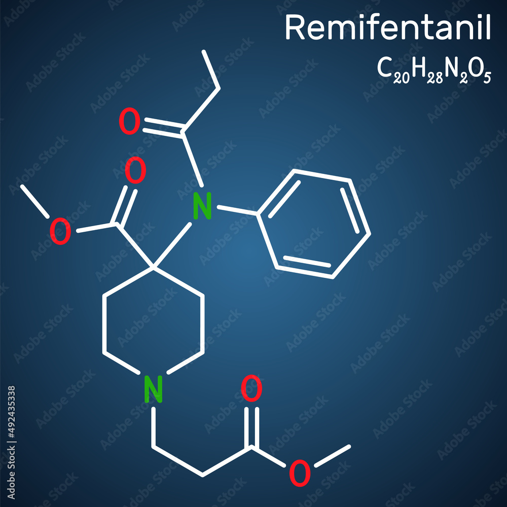 Poster Remifentanil molecule. It is opioid analgesic used in anesthesia. Structural chemical formula on the dark blue background