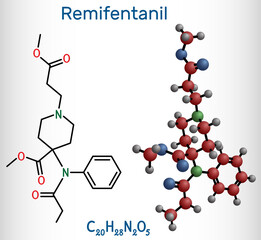 Remifentanil molecule. It is opioid analgesic used in anesthesia. Structural chemical formula and molecule model