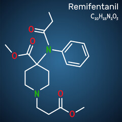 Remifentanil molecule. It is opioid analgesic used in anesthesia. Structural chemical formula on the dark blue background