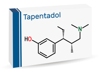 Tapentadol molecule. It is synthetic benzenoid, opioid analgesic for treatment of moderate to severe pain. Skeletal chemical formula. Paper packaging for drugs