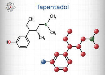 Tapentadol molecule. It is synthetic benzenoid, opioid analgesic for treatment of moderate to severe pain. Structural chemical formula, molecule model. Sheet of paper in a cage