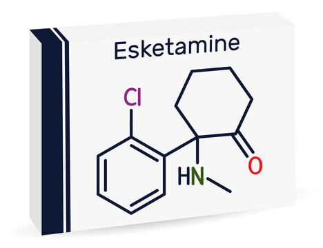 Esketamine molecule. It is the S-enantiomer of ketamine, with analgesic, anesthetic and antidepressant activities. Skeletal chemical formula. Paper packaging for drugs