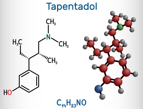 Tapentadol molecule. It is synthetic benzenoid, opioid analgesic for treatment of moderate to severe pain. Structural chemical formula and molecule model.