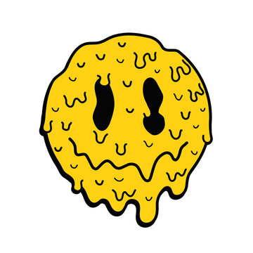 Funny psychedelic surreal melt smile face logo.Vector cartoon character illustration logo.Smile yellow groovy face melt,acid,techno,trippy print for t-shirt,poster,card concept