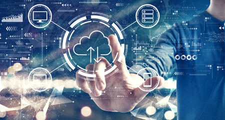 Cloud computing with a man on blurred city background