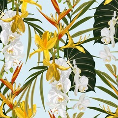 Fototapety  Tropical orchid and exotic orange flowers on blue background. Seamless pattern. Jungle foliage illustration. Exotic plants. Summer beach floral design. Paradise nature.