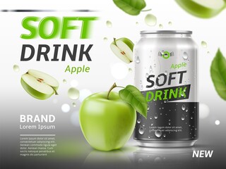 Apple soda in can banner. Realistic aluminium container with fruit sparkling water. Advertisement poster. Soft drink. Carbonated lemonade packaging with condensation drops. Vector concept